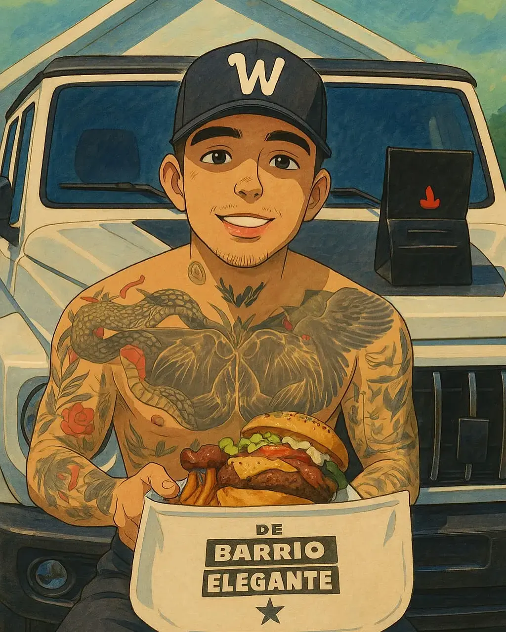 Westcol comiendo una deliciosa hamburguesa de fuego burger.